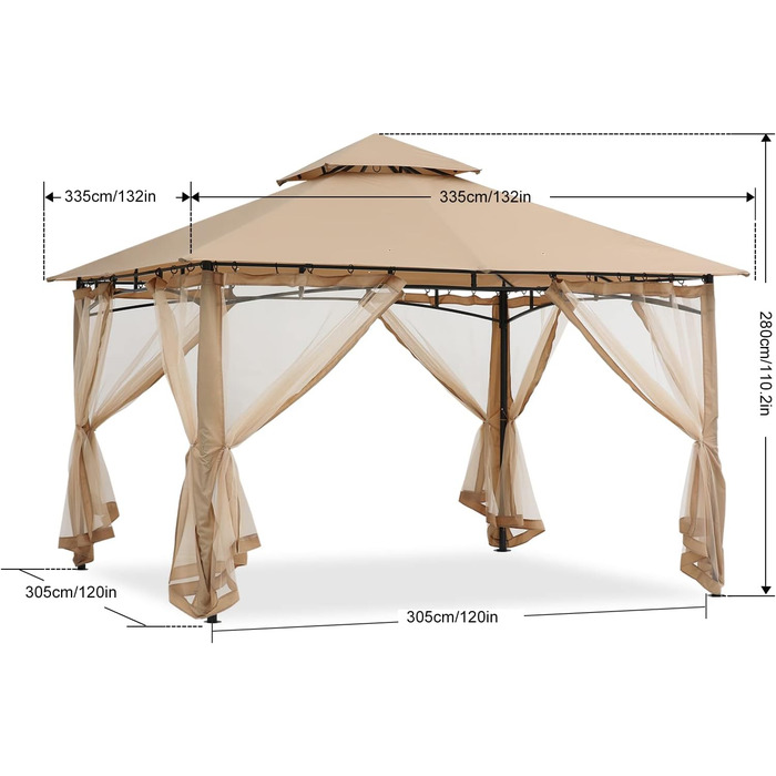 Павільйон садовий ABCCANOPY 2.4x2.4 м з двосхилим м'яким дахом для тераси, саду, заднього двору - захист від сонця та дощу (з москітною сіткою, бежевий)