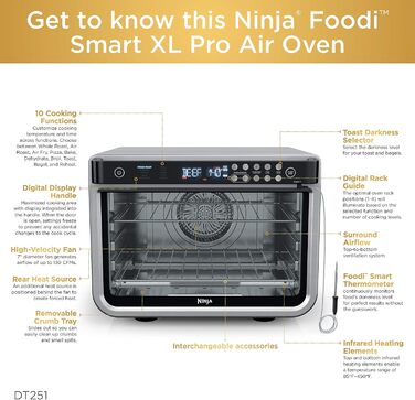 Мультипіч Ninja Foodi DT251 Smart XL 10-в-1: Аерогриль, духовка, тостер, гриль, з термометром, срібляста