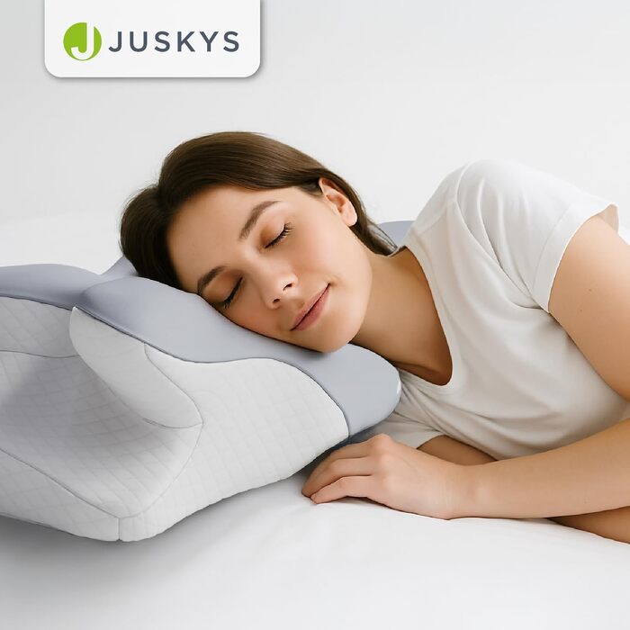 Подушка для шиї Juskys 2 шт. з Memory Foam, ергономічна, дихаючий чохол, для здорового сну - білий/сірий