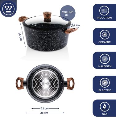 Каструля Westinghouse 28 см з кришкою, 3-шарове мармурове антипригарне покриття, алюмінієва, силіконові ручки під дерево, для посудомийної машини, чорна