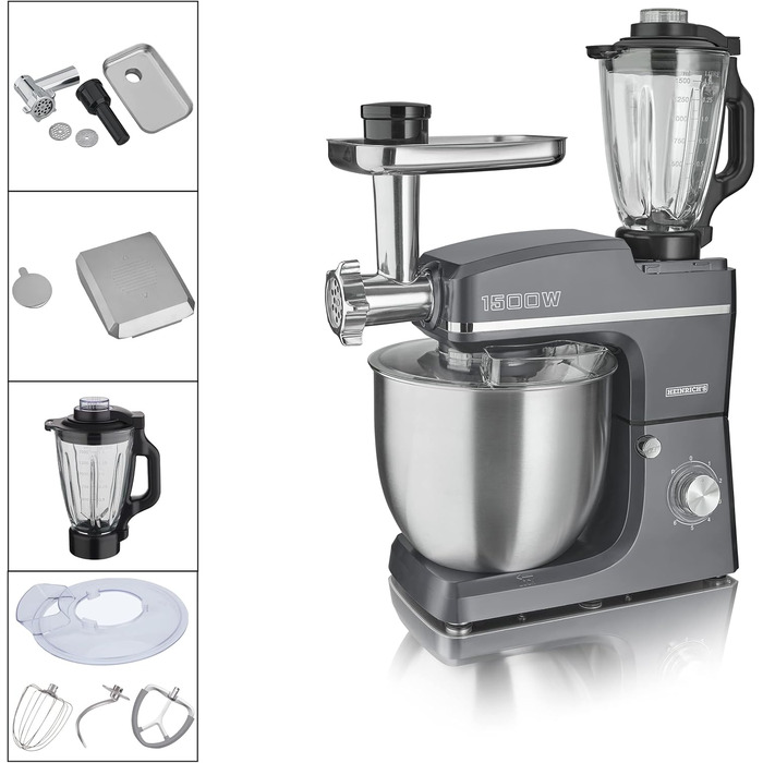 Кухонний комбайн HEINRICHS 3-в-1: міксер, кухонний прилад, м'ясорубка, 1500W, 6 швидкостей, 1.5л, 10л чаша, сірий