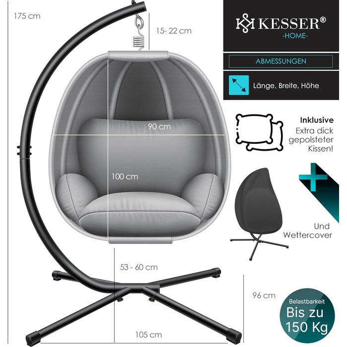 Підвісне крісло-кошик KESSER Luxe з м'якою подушкою, спинкою та захисним чохлом для саду і дому, металевий каркас, сірої, до 150 кг