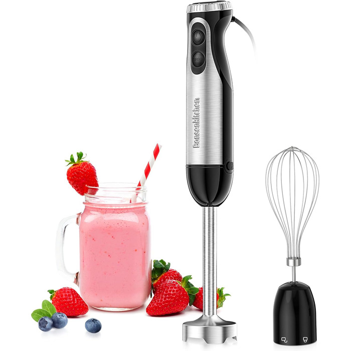 Занурювальний блендер Bonsenkitchen 2-в-1, електричний, 20 швидкостей, з насадкою вінчик, нержавіюча сталь, для супів, смузі, пюре, дитячого харчування, чорний