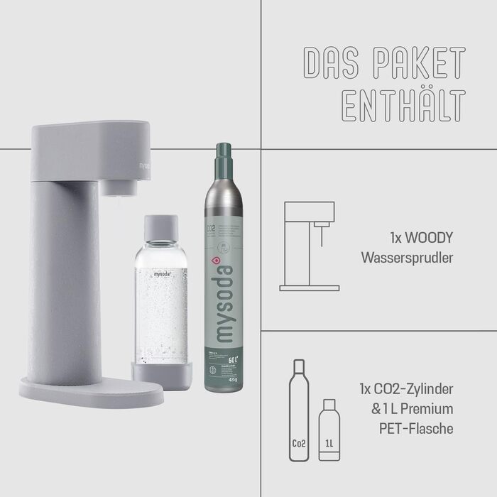 Сифон для газування води Mysoda Woody Wassersprudler (Pigeon), сірий, з CO2-циліндром