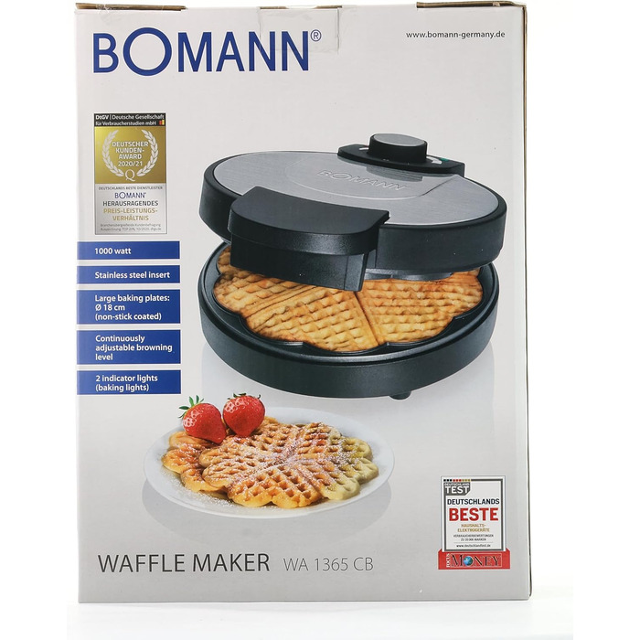 Вафельниця Bomann WA 1365 CB, 1000 Вт, антипригарне покриття, сердечка, регулювання підсмажування, індикатор готовності, нерж. сталь, Ø18 см
