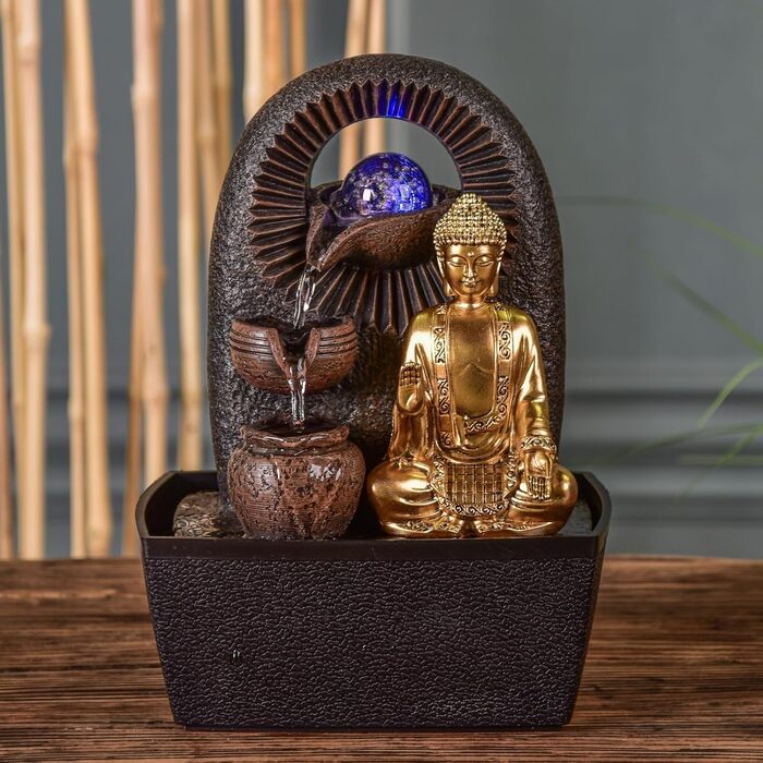 Джерело води Zen'Light від Zimmerbrunnen з Буддою та LED-підсвічуванням. Сучасна декорація для медитації та релаксації. Об'єкт Фен-Шуй, висота 26 см, колір горіх (Bhava)