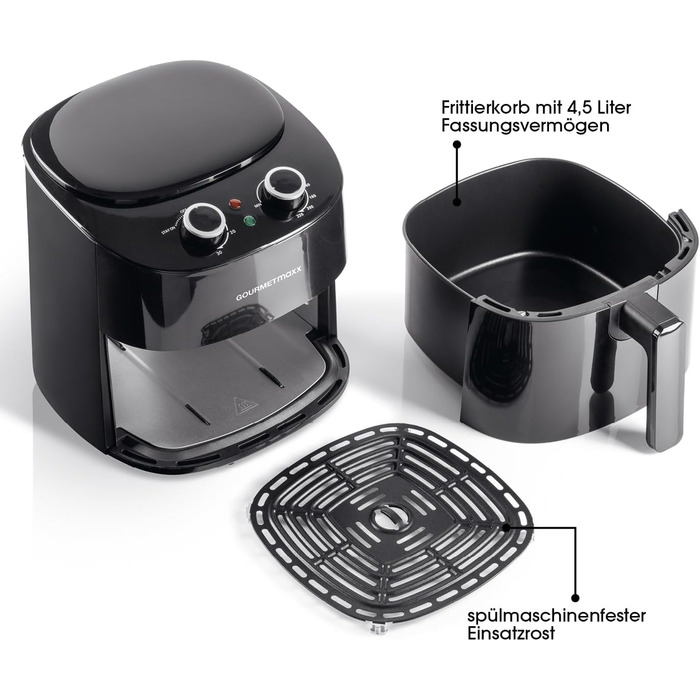 Аерофритюрниця GOURMETmaxx 4,5 л, 1400 Вт, 8 програм, LCD-дисплей, таймер, сталева, чорна – електрична фритюрниця для здорового приготування без олії