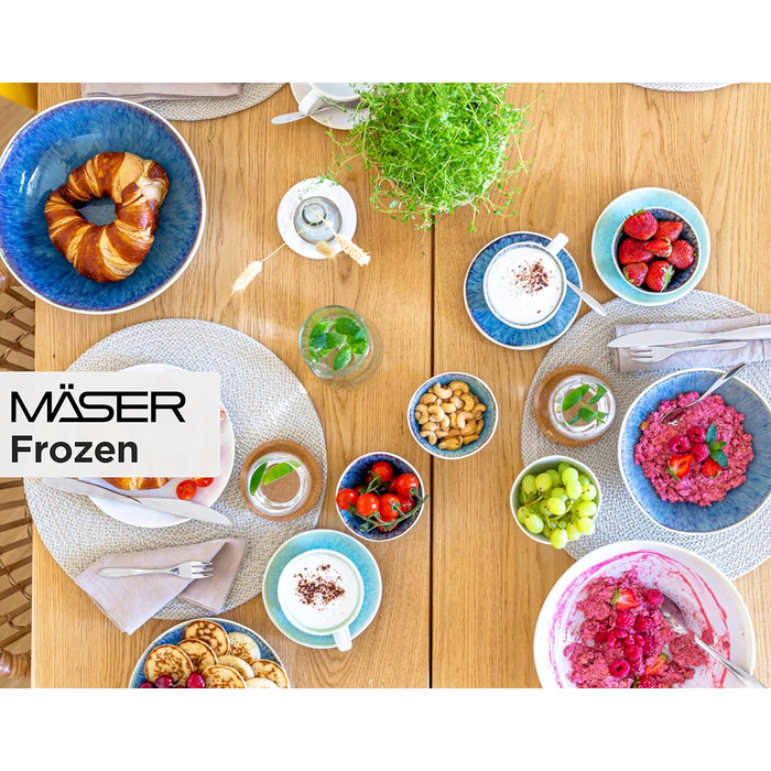 Набір керамічного посуду MÄSER Frozen 9 предметів: салатниця, 4 миски для рамену, 4 соусники, синій вінтаж, ручна глазур, кам'яна кераміка