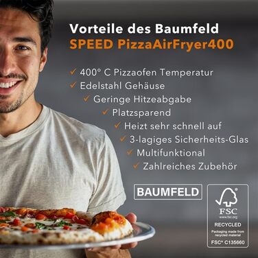 Мультифункціональна піч PizzaAirfryer400 срібляста, 12 в 1: піч для піци до 400°C, аерофритюрниця, гриль, духовка з чавунним деко та каменем для випікання, XXL