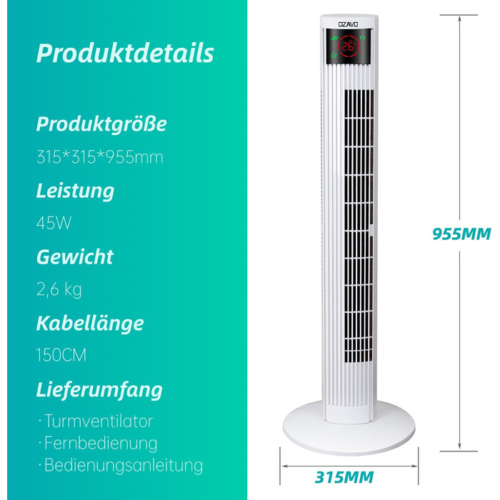 Вентилятор вежовий Turmventilator з пультом, LED-дисплеєм та таймером – 3 режими, 70° осциляція, 50 Вт, 97.5 см (білий)