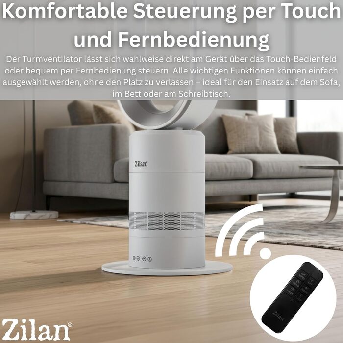 Вентилятор Zilan Turmventilator з пультом дистанційного керування, BLDC мотор, 10 режимів, 900 м³/год, коливання, таймер, сенсорний дисплей