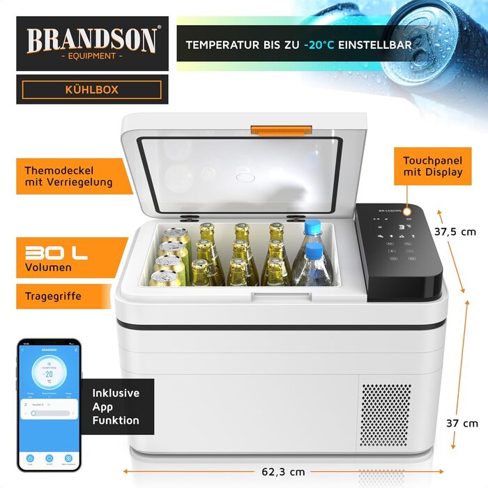 Автомобільний холодильник Brandson 30л з Bluetooth та Wi-Fi (Tuya Smart) - Електричний компресорний автохолодильник з функцією морозильника (-20°C), 12/24В та 230В, Еко-режим, для авто, кемпінгу, вантажівок - Білий