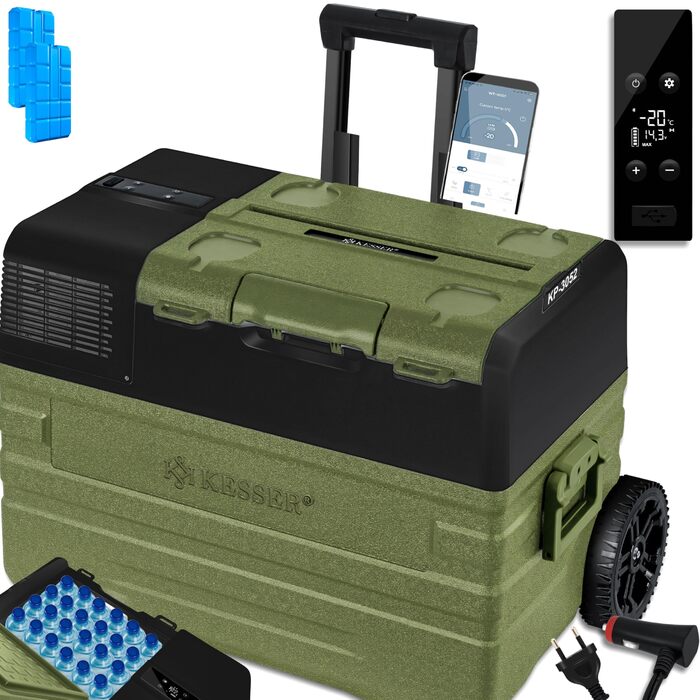Автомобільний компресорний холодильник KESSER 42L з Wi-Fi, 12/24/230V, до -20°C, колеса, телескопічна ручка, хакі + 2 акумулятори холоду