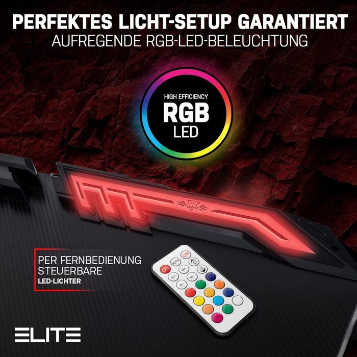 Ігровий стіл ELITE Rocksolid 2.0 чорний RGB з LED-підсвічуванням, тримачем для гарнітури та напоїв, органайзером для кабелів, комп'ютерний стіл для геймерів