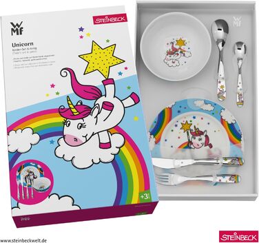 Набір дитячого посуду WMF Einhorn 6-частинний, нержавіюча сталь Cromargan, для дітей 3-9 років, придатний для миття в посудомийній машині