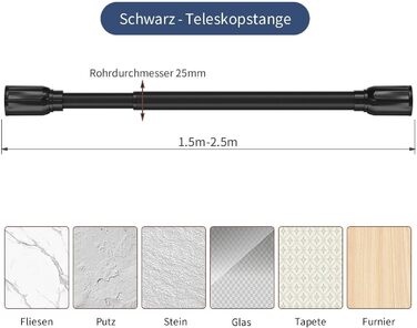 Телескопічна штанга для душової штори SLIM, чорна, 150-250 см, без свердління, 3 кольори, 3 розміри
