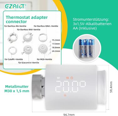 Розумний термостат на радіатор Wi-Fi Tuya EZ-TRV702W з програмуванням, датчиком температури та керуванням через додаток