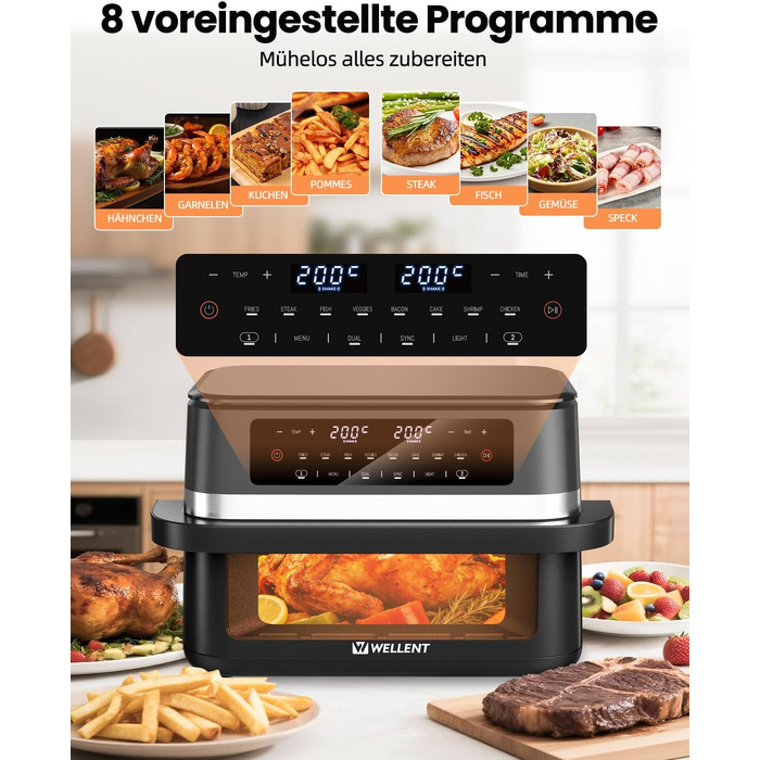 Аерофритюрниця WELLENT 12L Dual Zone XXL - двокамерна фритюрниця з гарячим повітрям 2950W (6+6Л), з вікном перегляду, функціями Match & Sync та нагадуванням про струшування, придатна для посудомийки