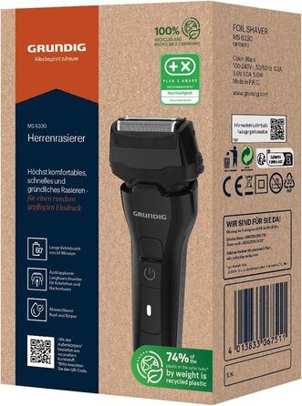 Чоловіча електробритва GRUNDIG MS 6330, 60 хв роботи, висувний тример, 3-різальний блок, 74% перероблений пластик, для подорожей, чорна