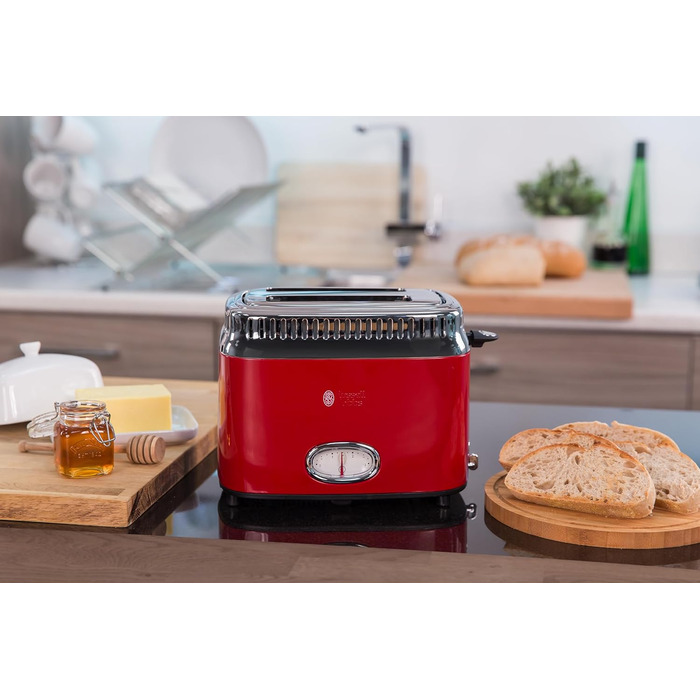 Тостер Russell Hobbs Retro 21680-56, нержавіюча сталь, червоний, 2 тости, 6 режимів, розморожування, підігрів