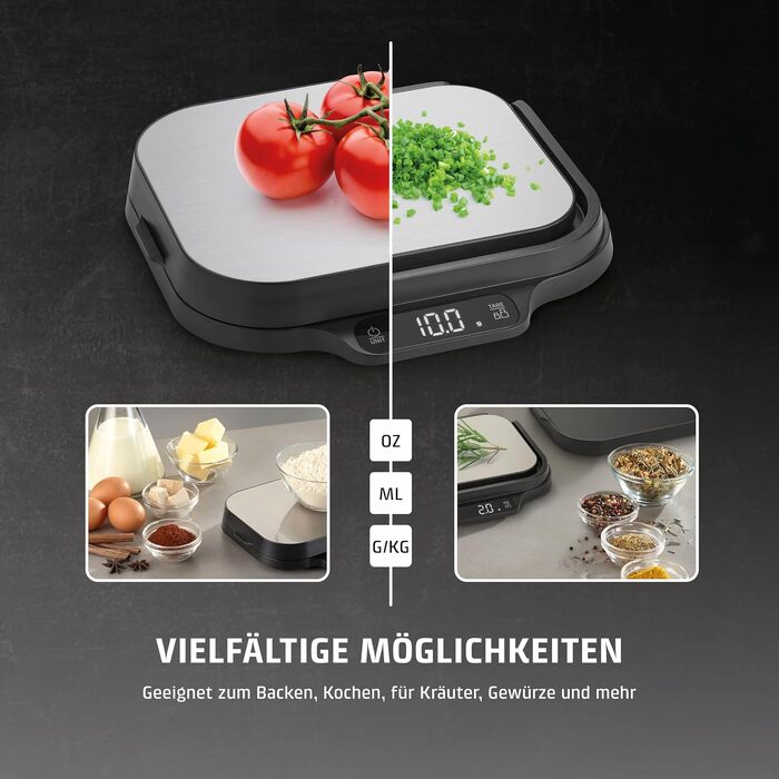 Кухонні ваги 2 в 1 CASO KitchenDuo: електронні ваги до 15 кг (крок 1 г) та високоточні ваги до 1 кг (крок 0,1 г), функція Hold, сталева поверхня