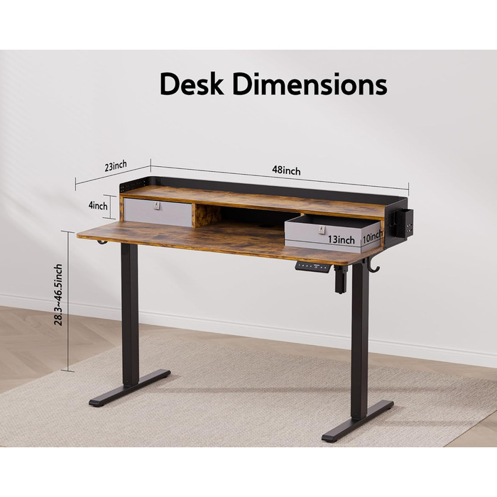 Електричний стіл WALKINGDESK з регулюванням висоти, 2 шухляди, 121,9x61 см, ергономічний робочий стіл для дому, з полицею, тримачем для ручок, гачком, рустикальний коричневий