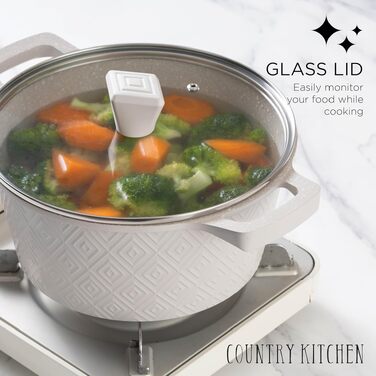 Набір посуду індукційного Country Kitchen 13 предметів: каструлі та сковороди з антипригарним алюмінієвим покриттям, бакелітові ручки, скляні кришки (Кремовий ромб, темно-синій)