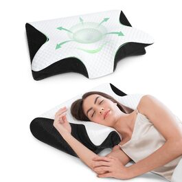 Подушка для шиї з піни Memory Foam 2-в-1, ергономічна, 60x40x12/14 см, чорна. Для спини, боку та живота.