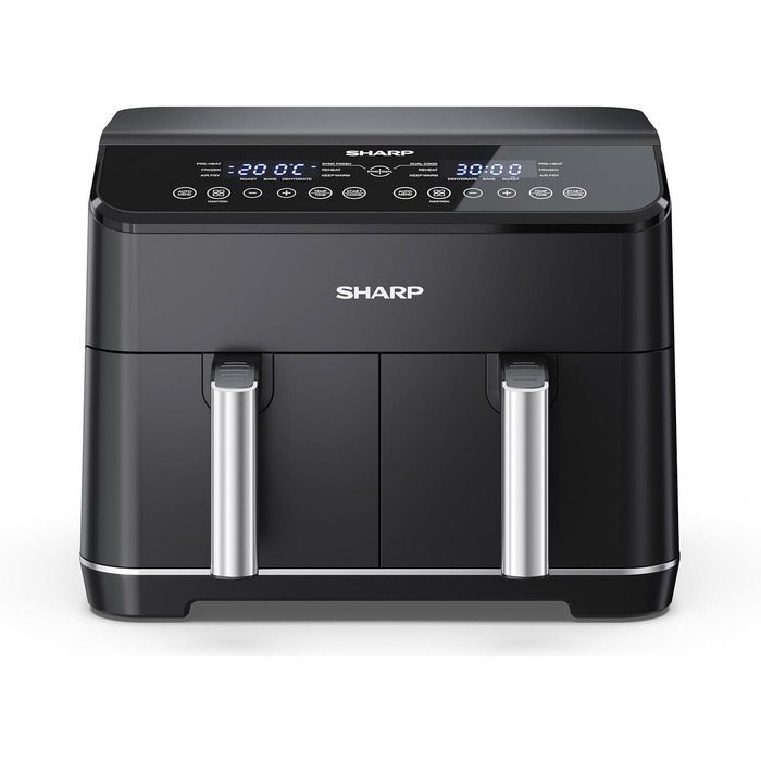 Аерофритюрниця SHARP AF-GD82AE-B з двома відсіками по 4 л, сенсорне керування, 12 програм, 1800 Вт, чорна, приготування без олії