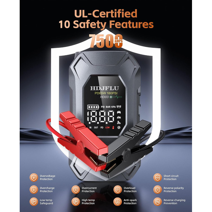 Пусковий пристрій Jump Starter 7500A з компресором 180 PSI та Powerbank 24000mAh для бензинових та дизельних авто (до 10.0L), PD65W, LED-дисплей