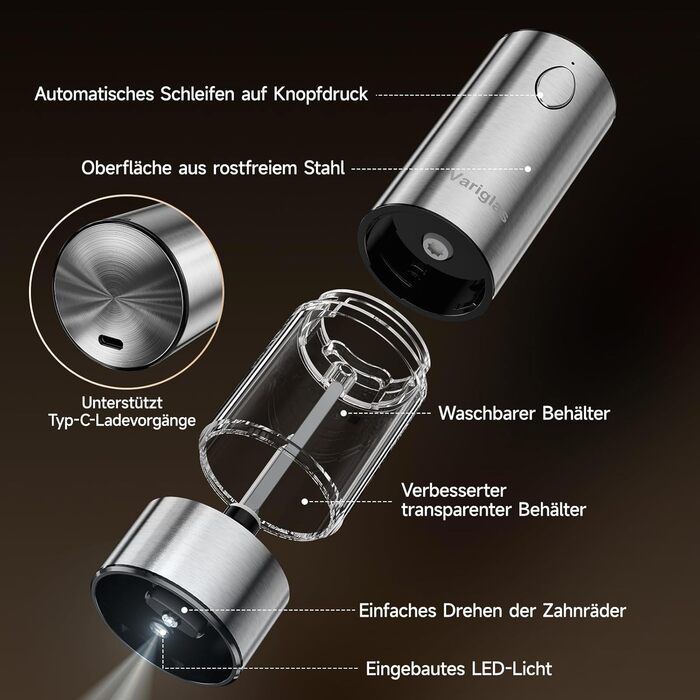 Електричні мельниці для солі та перцю Variglas 2 шт. з USB-зарядкою, велика ємність, регулювання помелу, LED-підсвічування, сріблясті