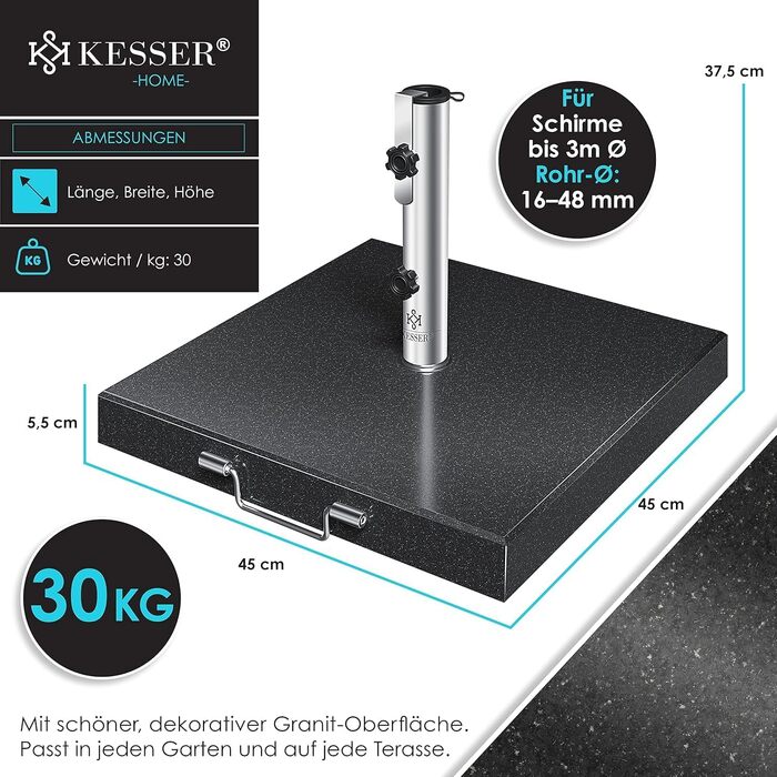 Підставка для парасольки KESSER Granit 30 кг, сталь, для саду/балкону, антрацит, квадратна, Ø16-48 мм
