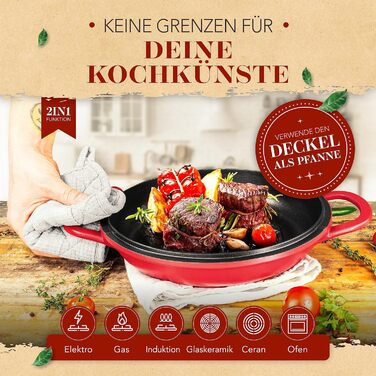 KRUSTENZAUBER алюмінієва жаровня з кришкою 24 см, 4 л, для індукції, духовки, червона, каструля та сковорода для тушкування