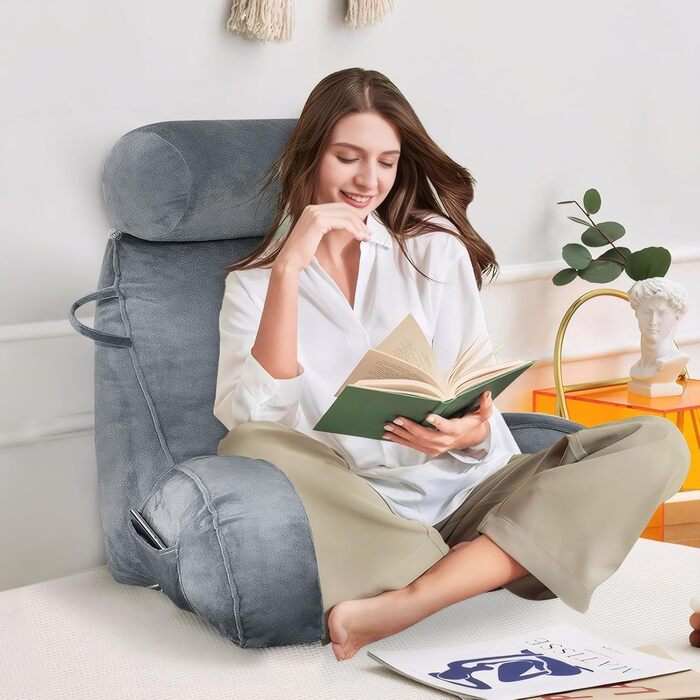 Подушка для читання MINGPINHUIUS XL для ліжка та дивана з знімною подушкою для шиї, ідеальна для дорослих, з піною з пам'яті для комфортного читання, роботи, ігор, перегляду телевізора та відпочинку (Сірий)