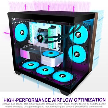 Ігровий корпус для ПК FOIFKIN M3, ATX Mid-Tower, чорний, з дерев'яною передньою панеллю з горіха, 3 встановлені ARGB PWM вентилятори, панорамне скло 270°, USB Type-C