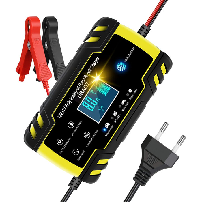 Зарядний пристрій для акумулятора URAQT 8A: 12V/24V, розумна автоматична зарядка для авто, LCD дисплей, режим ремонту, захист, для авто, вантажівок, газонокосарок, човнів