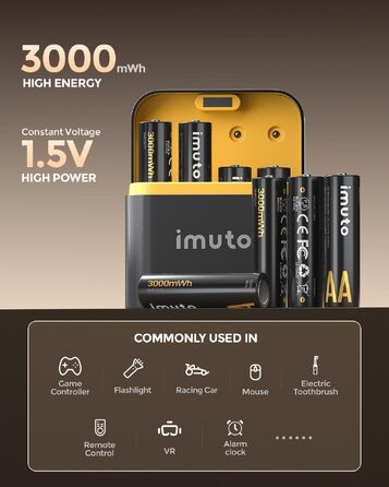 Акумулятори imuto AA 1.5V Li-ion 3000mWh з LED-дисплеєм та зарядним пристроєм, 16 шт, швидка зарядка, 1600 циклів
