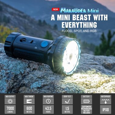 Ліхтар OLIGHT Marauder Mini LED, 7000 люмен, 600 м, перезаряджуваний, з дальносвітлом і розсіяним світлом, 3 кольори LED, датчик відстані, для активного відпочинку, чорний