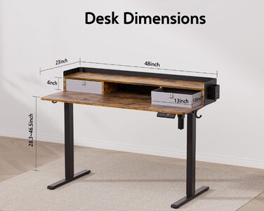 Електричний стіл WALKINGDESK з регулюванням висоти, 2 шухляди, 121,9x61 см, ергономічний робочий стіл для дому, з полицею, тримачем для ручок, гачком, рустикальний коричневий