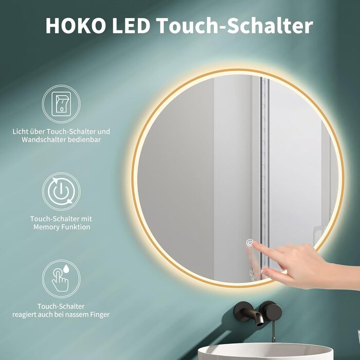 Дзеркало для ванної кімнати HOKO Design Riga, кругле, 60 см, з металевим каркасом Gold. LED-підсвічування, сенсорне керування, зміна кольору світла (тепле, холодне, нейтральне). 60 x 60 см