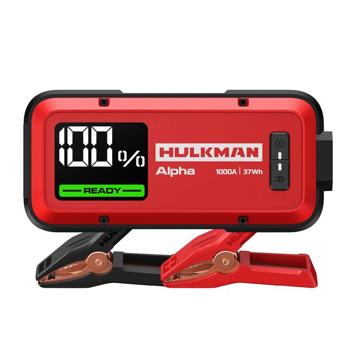Бустерний пускач HULKMAN Alpha Ultra Red 1000A 37Wh для авто 12В, портативний jump starter для бензинових (до 6.5L) та дизельних (до 3.0L) двигунів, IP65, LED-дисплей