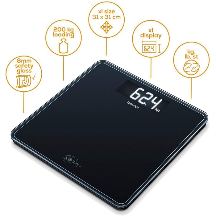 Ваги підлогові Beurer GS 400 Signature Line, скляні, чорні, велика платформа 31x31 см, дисплей XL, вантажопідйомність до 200 кг