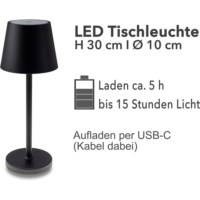 Настільна LED-лампа ChiliTec, акумуляторна, димована, 30 см, USB зарядка, для дому та вулиці, IP44, тепле біле світло, сенсорний вимикач, чорна