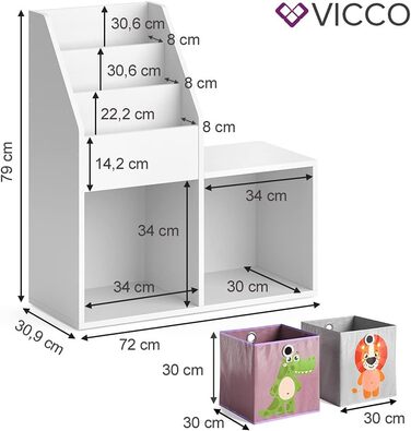 Дитяча полиця Vicco Luigi біла 72x79 см з 2 складаними боксами Лев/Крокодил