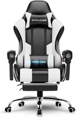 Ігровий крісло GTPLAYER з масажем, підніжка, підголовник, поперекова подушка, обертове, штучна шкіра, білий колір