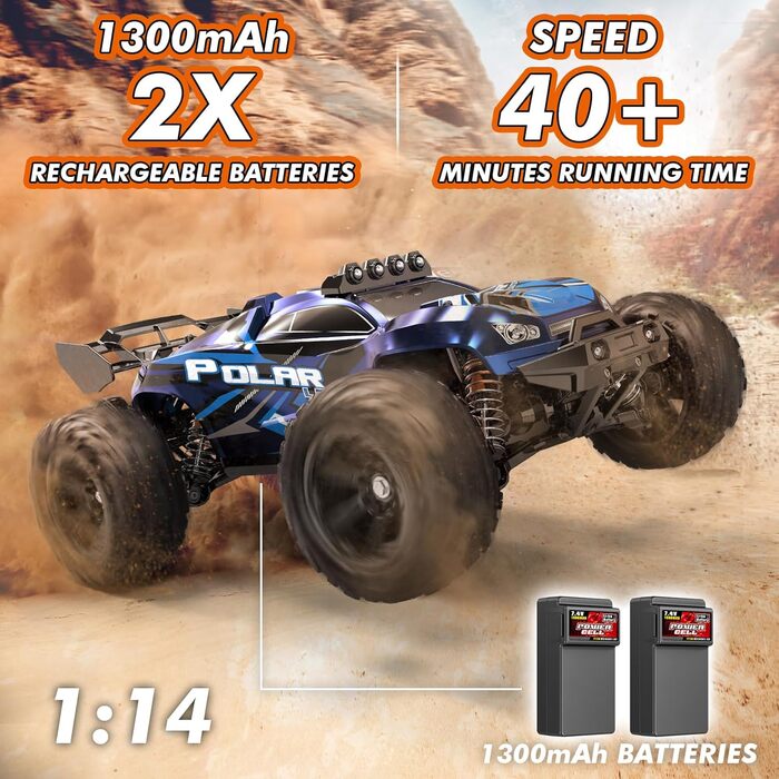 Радіокерований позашляховик 1:14 4WD RC авто для дорослих та дітей, швидкість 40+ км/год, 2 акумулятори 1300mAh, комплект коліс