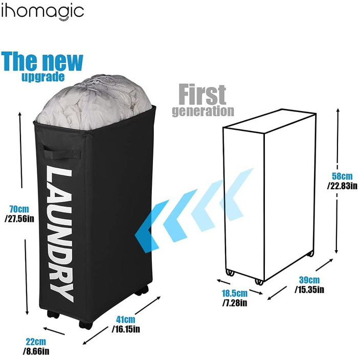 IHOMAGIC Кошик для білизни 62 л з колесами, знімний мішок, складаний, з ручками, чорний – для брудної білизни, зберігання речей