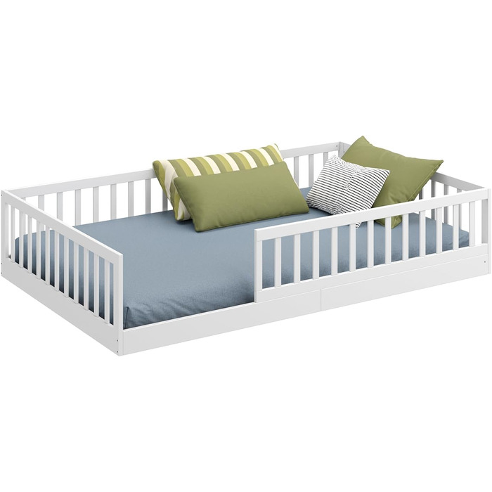 Ліжко дитяче CADANI Timi 2в1 Montessori 120x200 см з бортиками, ламелі, масив сосни, біле - 3 варіанти збірки, до 200 кг