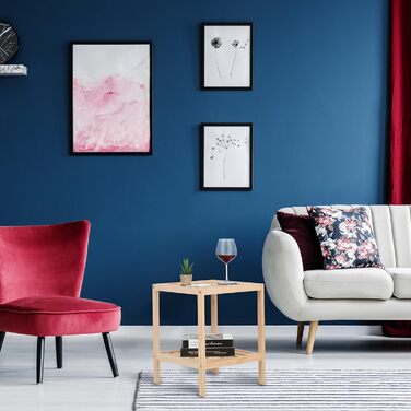 Дерев'яний приставний стіл Relaxdays 50x40x40 см, квадратний столик з 2 полицями для вітальні, натуральний