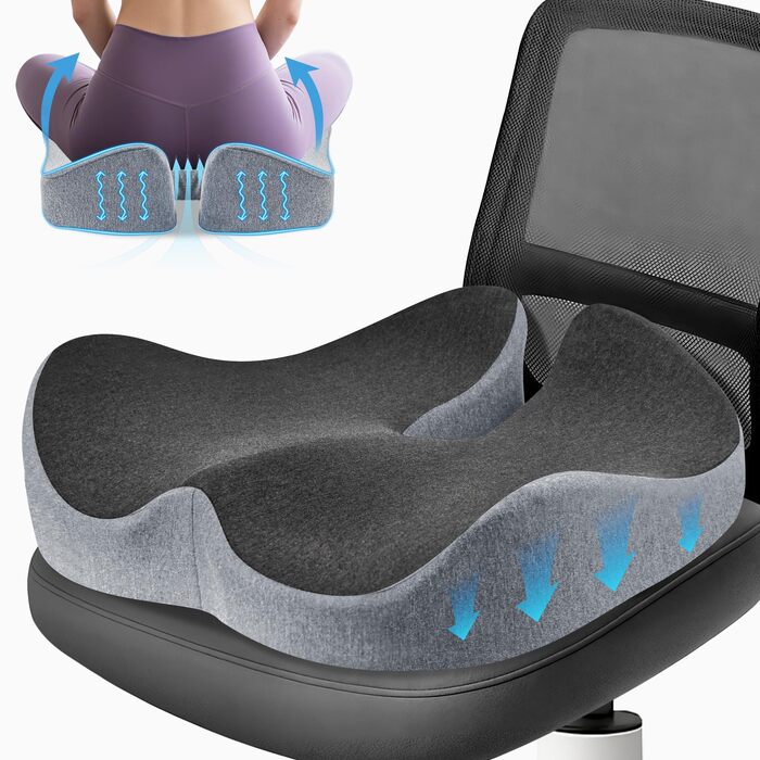 Подушка для офісного крісла Lofty Aim з Memory Foam: ергономічна, для куприка, при болях в спині та сідницях, для офісу, авто, літака, інвалідного візка – чорний та сірий
